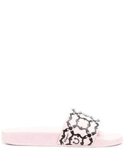 Ferragamo Groove Gancini Pool Slide Sandals In Pink