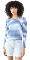 Rebecca Minkoff Talia Stripe Crop Puff Sleeve Cotton Sweatshirt In French Blue/ecru Stripe