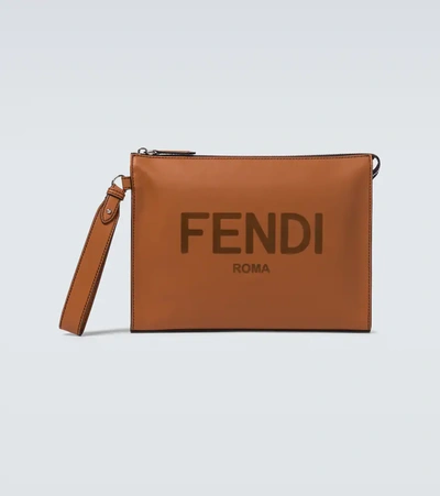 Fendi Debossed-logo Wrist Strap Pouch In Brown