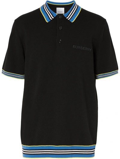 Burberry Icon Stripe Detail Wool Polo Shirt In Black