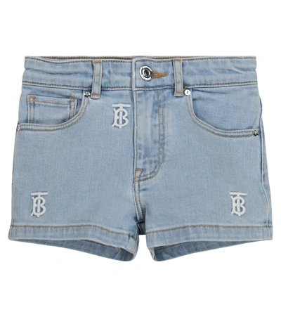 Burberry Kids' 经典logo刺绣牛仔短裤 In Blue