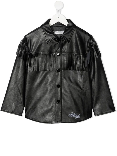Philosophy Di Lorenzo Serafini Kids' Fringe-trimmed Faux-leather Jacket In (nero/ricamo Bianco)