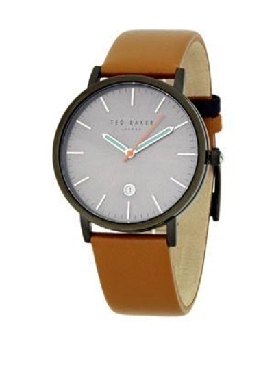 Ted Baker Leather Strap Watch In Gunmetal Brown