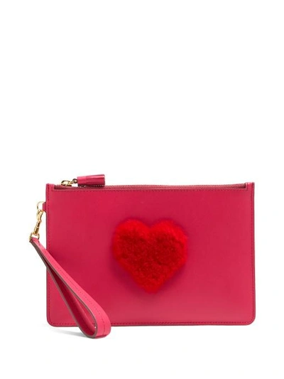 Anya Hindmarch Heart Shearling And Leather Pouch In Magenta Pink