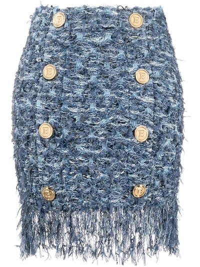 Balmain Button-embellished Fringed Tweed Mini Skirt In Blue