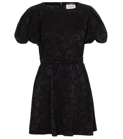 Saint Laurent Floral Silk Jacquard Minidress In Black