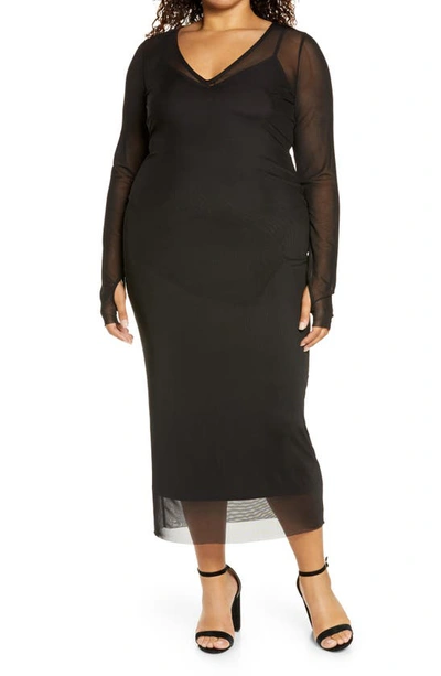 Afrm Power Mesh Long Sleeve Midi Dress In Noir