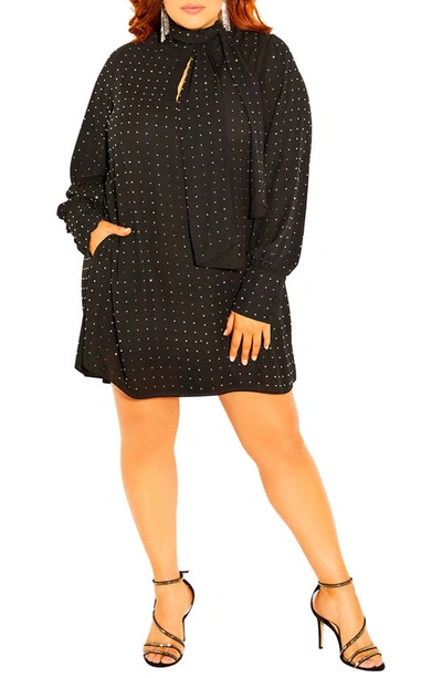 City Chic Nailhead Studded Long Sleeve Tunic Dress In Black