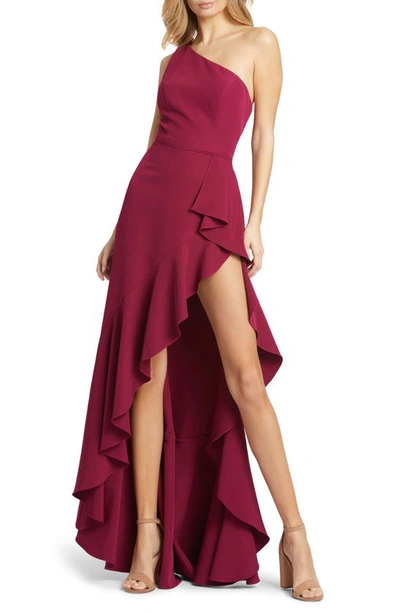Ieena For Mac Duggal One-shoulder Thigh-slit Ruffle Gown In Berry