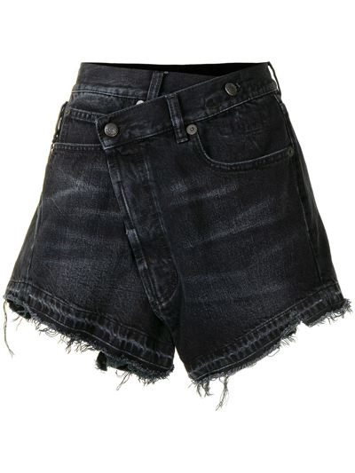 R13 Crossover Asymmetric Distressed Denim Shorts In Jake Black