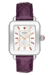 Michele Deco Sport Stainless, Topaz & Quilted Leather Strap Watch In Violet