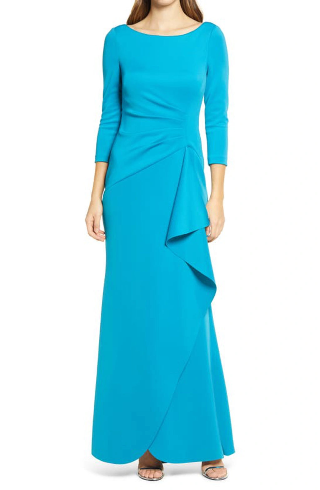 Eliza J Techno Pleated Scuba Trumpet Gown In Ocean ModeSens