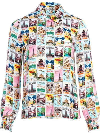 Alice And Olivia Willa Smocked-cuff Postcard Printed Shirt In Multi-colour