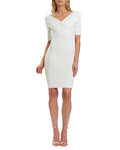 Herve Leger Couture Draped Ribbed Day Dress In Alabaster 902