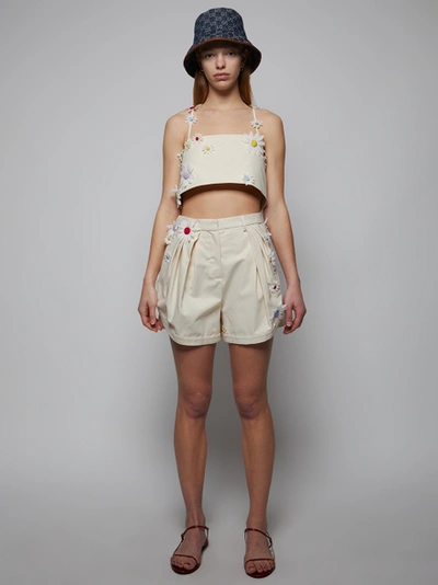 Rosie Assoulin Daisy Embroidered Pleated Asymmetrical Short In Neutrals