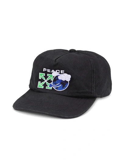 Off-white Cotton Cap With Peace Worldwide Embroidery In Black