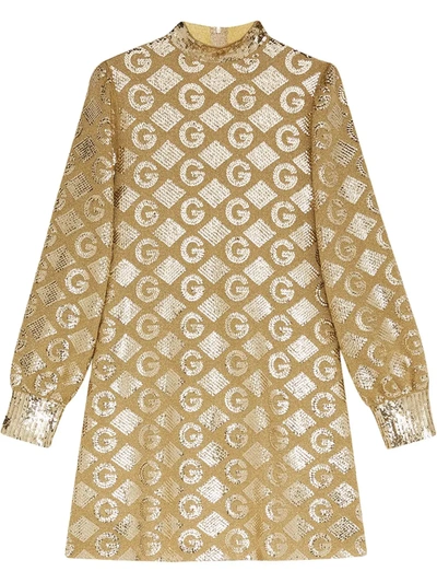 Gucci Lamé G Rhombi Jacquard Dress In Gold