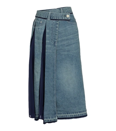 Sacai Contrast Panel Asymmetric Pleat Denim Skirt In L Blue Navy