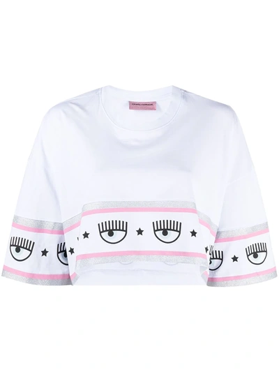 Chiara Ferragni Cropped T-shirt With Eyes Flirting Band In White,pink,silver