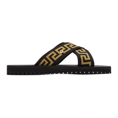 Versace Black & Gold Nastro Greca Cross Strap Sandals