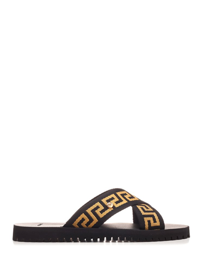 Versace Black & Gold Nastro Greca Cross Strap Sandals In Black,gold