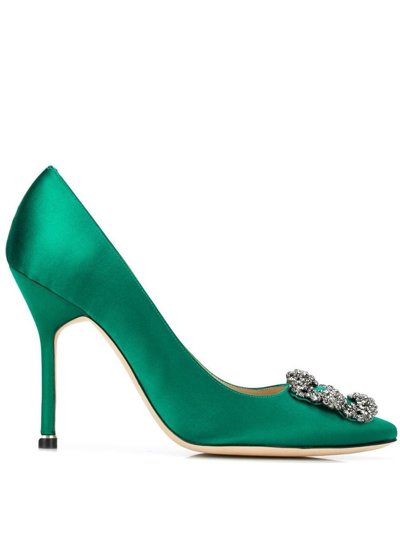 Manolo Blahnik Hangisi 70 Satin Pumps With Clc Crystal Buckle In Green