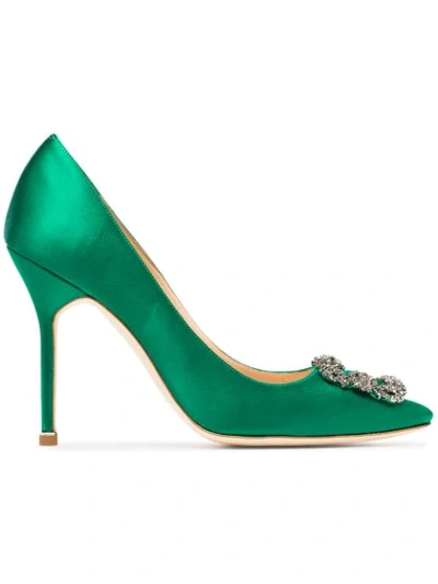 Manolo Blahnik Hangisi 70 Satin Pumps With Clc Crystal Buckle In Green
