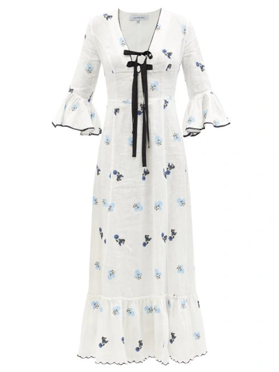 Lug Von Siga Diana Bow-detailed Ruffled Embroidered Linen Midi Dress In White