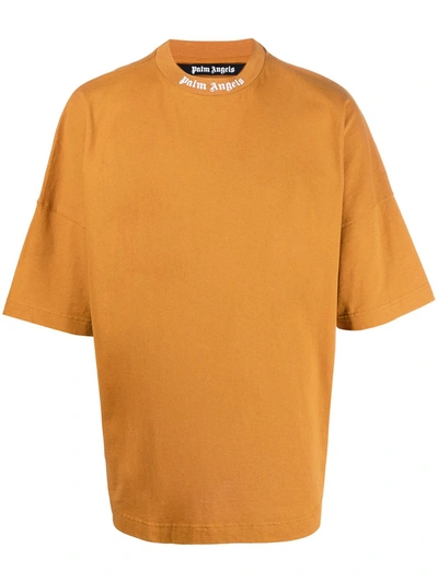 Palm Angels Oversized Crewneck Logo T-shirt Honey Ginger And White In Yellow