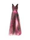 Marchesa Notte Bow-detailed Pleated Printed Organza Gown In Purple