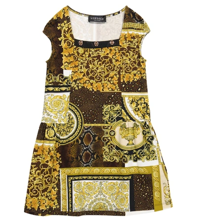 Versace Kids' Barocco Patchwork Stretch-cotton Dress In Gold