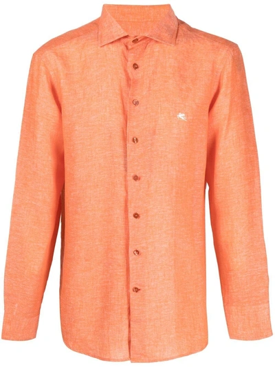 Etro Embroidered-logo Linen Shirt In Orange