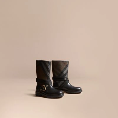 Burberry Leather, Mesh And House Check Boots In Black