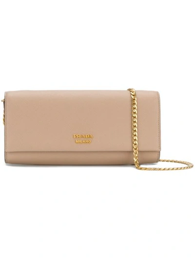 Prada Saffiano Clutch W/ Crossbody Chain In Cammeo