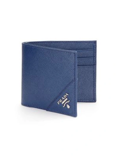 Prada Saffiano Corner Logo Wallet In Blue