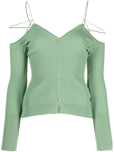 Jacquemus Tordu Off-the-shoulder Cutout Ribbed-knit Cardigan In Green