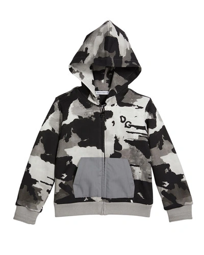Dolce & Gabbana Kids' Boy's Camo-print Logo Zip-up Hooded Jacket In Black