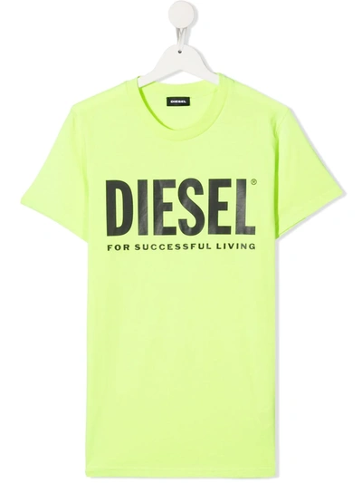 Diesel Kids' Logo Print Crew-neck T-shirt In Green