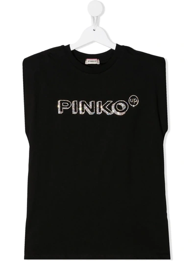 Pinko Teen Gem Embellished Logo Tank Top In Black
