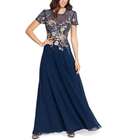 Betsy & Adam Plus Size Beaded Embroidered Gown In Navy/gold