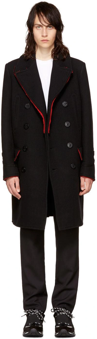 Givenchy Frayed Edges Black Wool Coat In Black Red