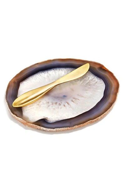 Anna New York Ita Agate Cheese Plate & Forma Spreader In Sand Brass