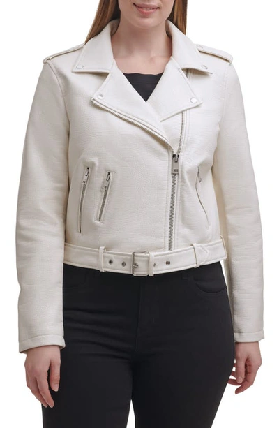 Levi's Water Repellent Faux Leather Fashion Belted Moto Jacket In White Croc