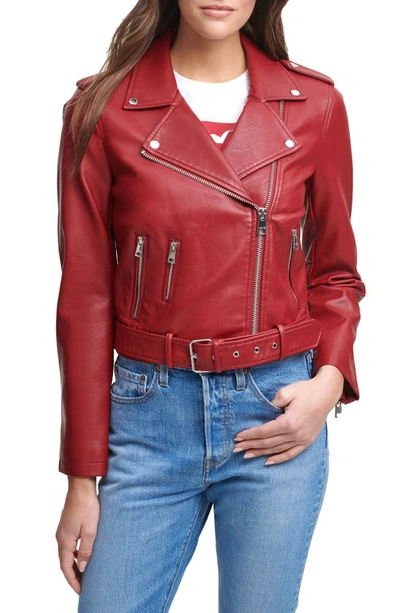 Levi's Water Repellent Faux Leather Fashion Belted Moto Jacket In Deep Red