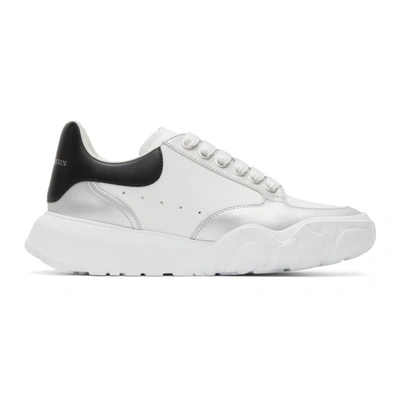 Alexander Mcqueen White & Silver Court Trainer Sneakers In Black And White