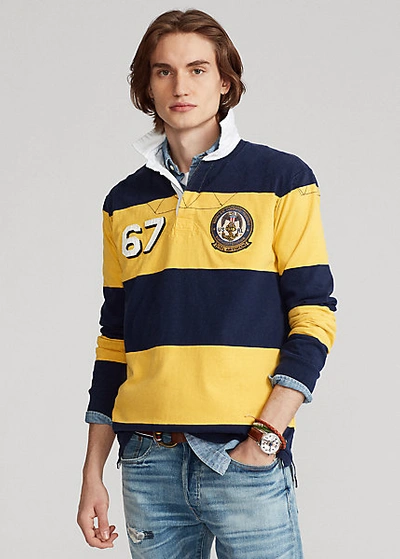 Ralph Lauren Classic Fit Striped Jersey Rugby Shirt In Cruise Navy/gold Bugle