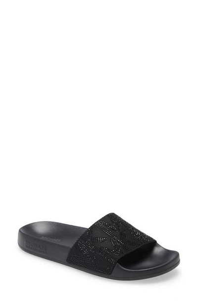 Michael Michael Kors Gilmore Crystal Embellished Slide Sandal In Black Nylon