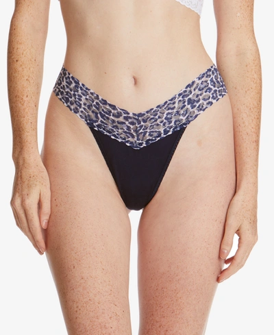 Hanky Panky Women's Cotton With Printed Lace Trim Original Rise Thong In Navy Leopard