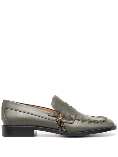 Jw Anderson Logo Charm Flat Stitch Leather Loafers In Green