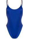 Versace Nylon One Piece Swimsuit W/ Chain Straps In Blue